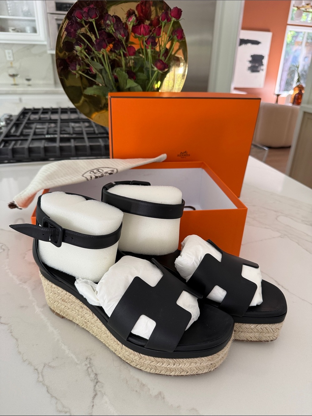 Hermes La Maison Black Leather Platform Espadrille Sandals